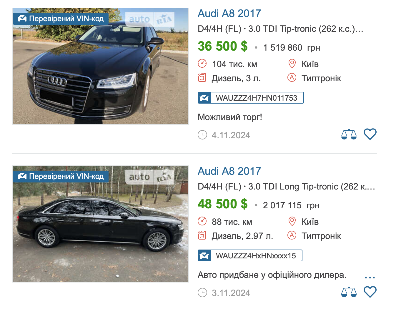 Ціни на Audi A8 2017 року випуску на вторинному ринку сьогодні. Цей автомобіль ніяк не може коштувати 13 тисяч доларів, як вказує Ксенія Сушко. Скріншот avto.ria.ua