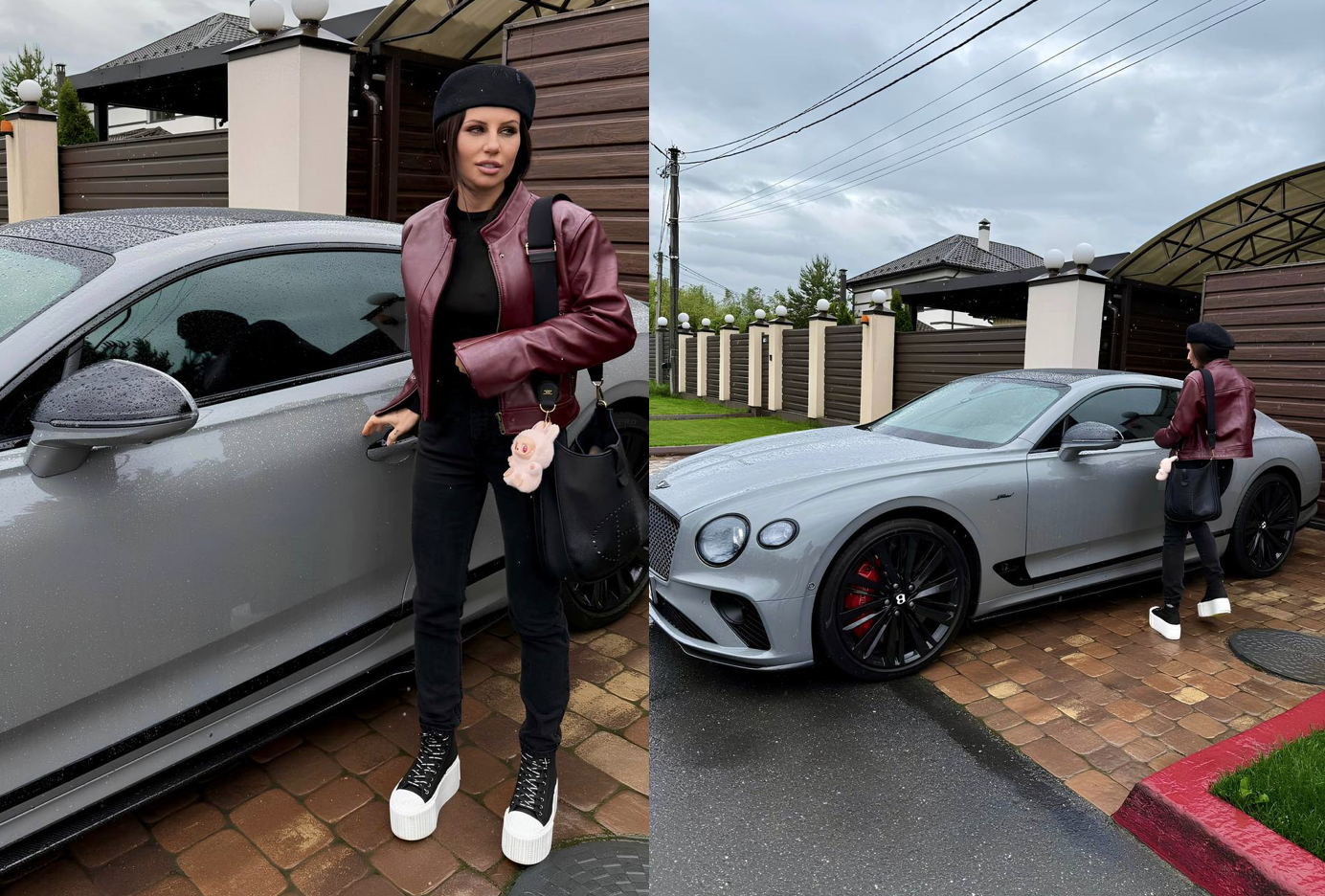 Анна Алхім на фоні заміського будинку біля новенького Bentley Continental GT. Фото з телеграм-каналу Анни Алхім