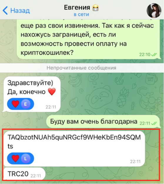 номер криптокошелька блогера Анны Алхим Скриншот переписки с менеджером Анны Алхим