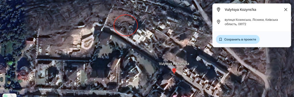 Скріншот Google Maps з зображенням земельної ділянки Костянтина Чередніченка в селищі Лісники Київської області

