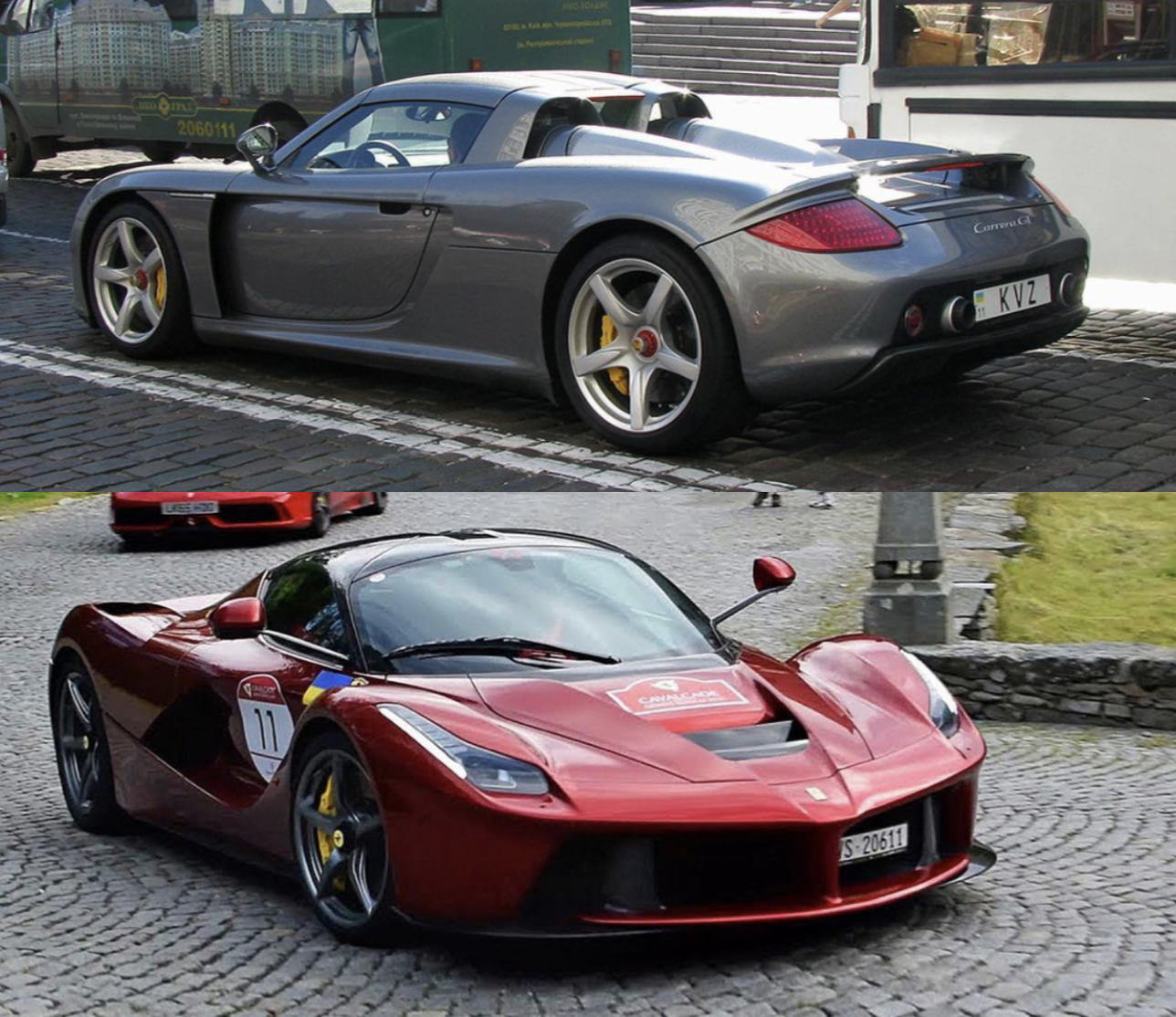 Porsche Carrera GT (зверху) і Ferrari LaFerrari (знизу) українського олігарха Костянтина Жеваго