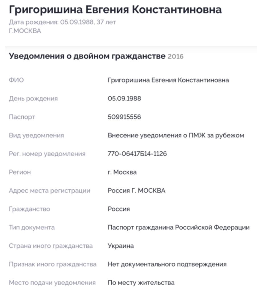 Скріншот з бази даних російського реєстру з інформацією про російський паспорт доньки Костянтина Григоришина 
