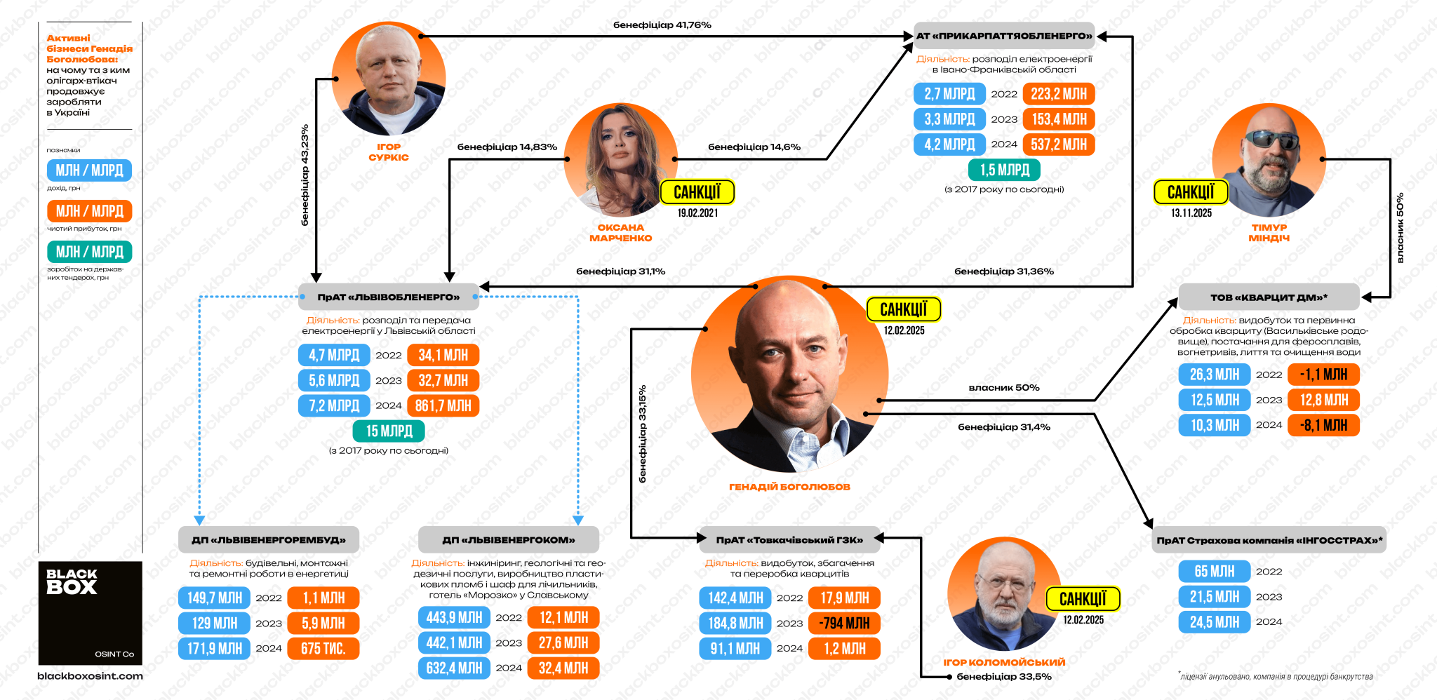 Компанії, в яких Геннадій Боголюбов має частки, та які досі генерують йому та його бізнес-партнерам прибутки. Інфографіка BlackBox OSINT